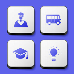 Set Graduate and graduation cap, School Bus, Graduation and Creative lamp light idea icon. White square button. Vector