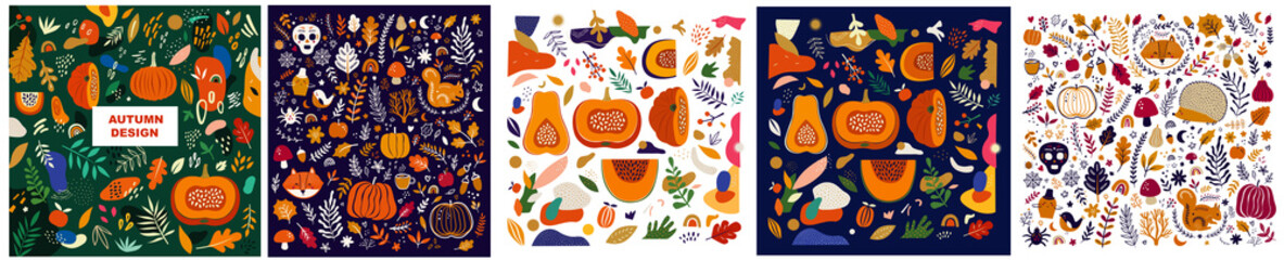 Collection of autumn illustrations with pumpkins, leaves, forest animals and halloween symbols	