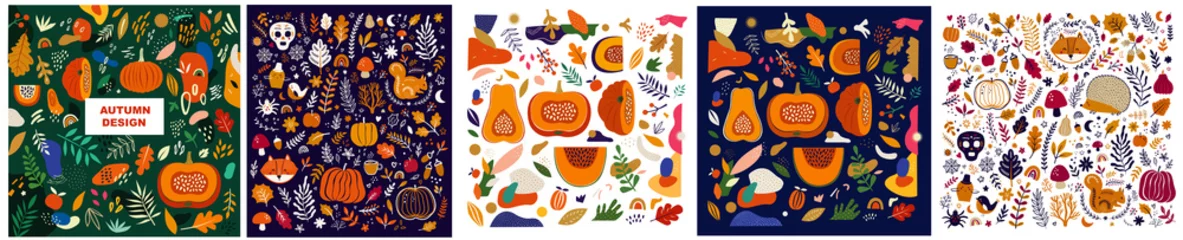 Wandcirkels plexiglas Collection of autumn illustrations with pumpkins, leaves, forest animals and halloween symbols  © moleskostudio