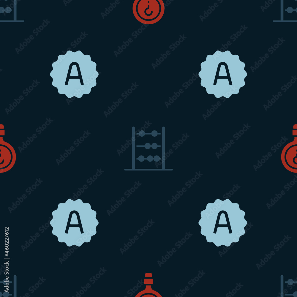 Poster set unknown search, abacus and exam sheet with plus grade on seamless pattern. vector