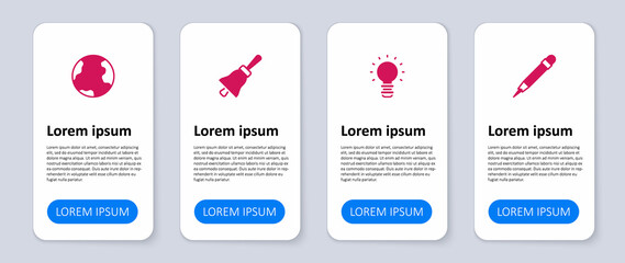 Set Pencil with eraser, Creative lamp light idea, Ringing bell and Earth globe. Business infographic template. Vector