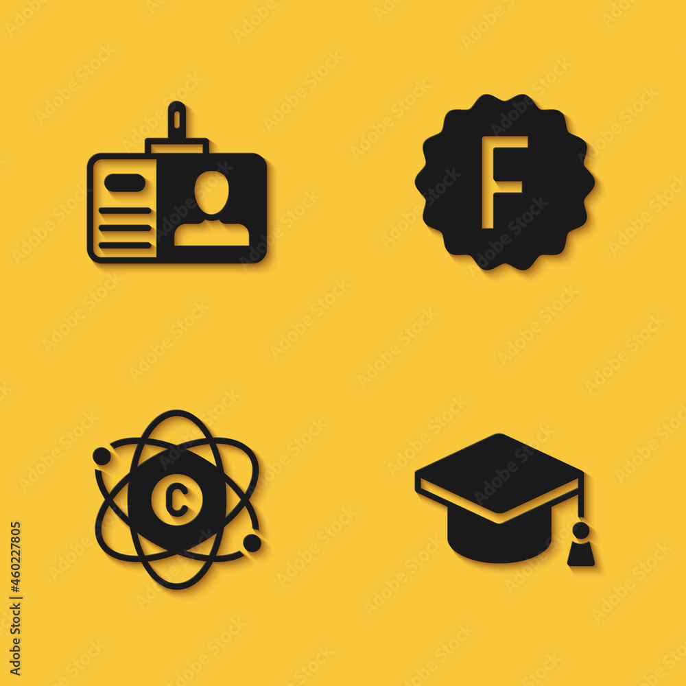 Poster set identification badge, graduation cap, atom and exam paper with incorrect answers icon with long 