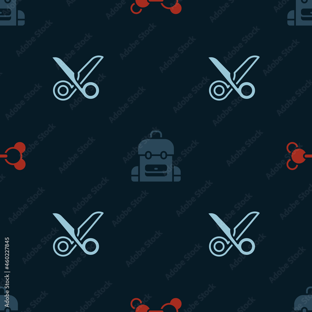 Poster set molecule, school backpack and scissors on seamless pattern. vector