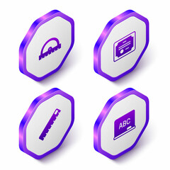 Set Isometric Protractor grid, Certificate template, Ruler and Chalkboard icon. Purple hexagon button. Vector