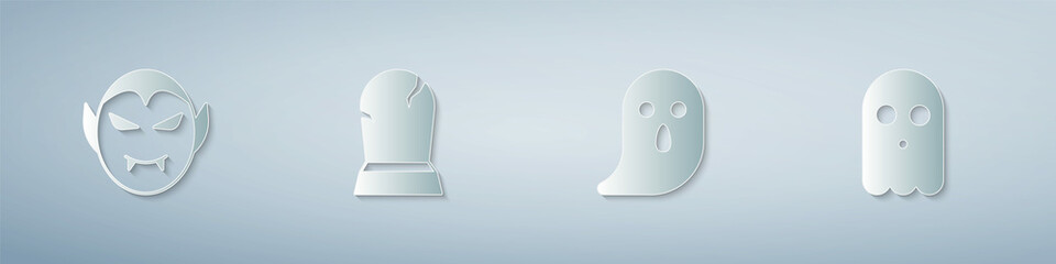 Set Vampire, Tombstone with RIP written, Ghost and . Paper art style. Vector