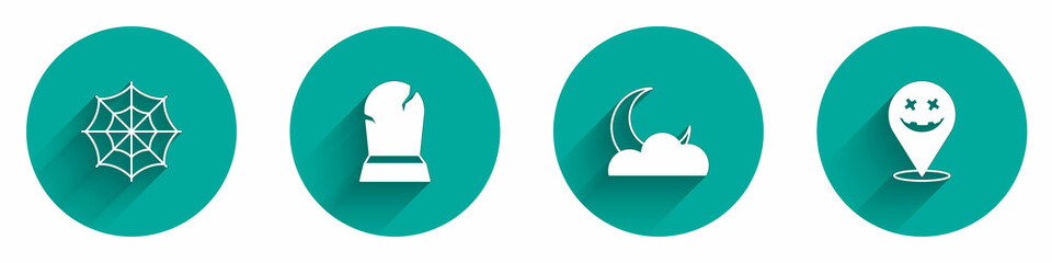 Set Spider web, Tombstone with RIP written, Moon and stars and Happy Halloween holiday icon with long shadow. Vector