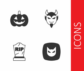 Set Black cat, Pumpkin, Tombstone with RIP written and Devil head icon. Vector
