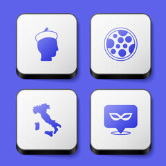 Set French man, Pizza, Map of Italy and Carnival mask icon. White square button. Vector