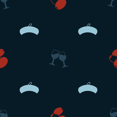 Set Olives, Wine glass and French beret on seamless pattern. Vector