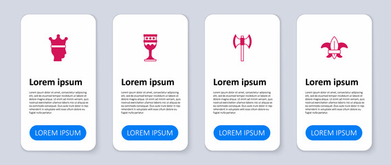 Set Fleur de lys or lily flower, Medieval poleaxe, goblet and King crown. Business infographic template. Vector