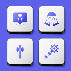 Set Medieval helmet, axe and Mace with spikes icon. White square button. Vector