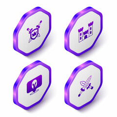 Set Isometric Shield with swords, Castle, Medieval helmet and Crossed medieval icon. Purple hexagon button. Vector