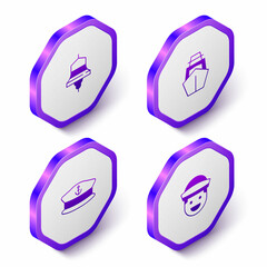 Set Isometric Ship bell, Yacht sailboat, Captain hat and Sailor icon. Purple hexagon button. Vector