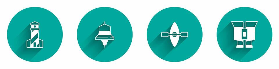 Set Lighthouse, Ship bell, Kayak and paddle and Binoculars icon with long shadow. Vector