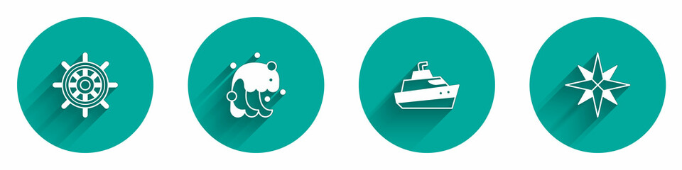 Set Ship steering wheel, Tsunami, Speedboat and Wind rose icon with long shadow. Vector