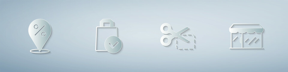 Set Location with percent, Paper shopping bag, Scissors cuts discount coupon and Market store. Paper art style. Vector