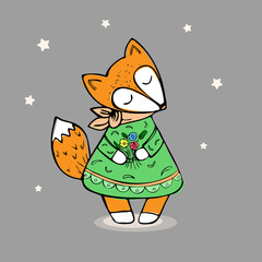 Cute red fox in a dress and scarf with stars on a gray background