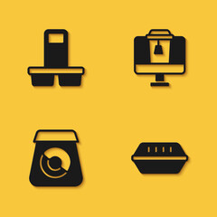 Set Coffee cup to go, Lunch box, Online ordering food and icon with long shadow. Vector