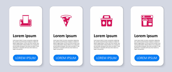 Set Online ordering food, Coffee cup to go, Slice pizza and Food on mobile. Business infographic template. Vector
