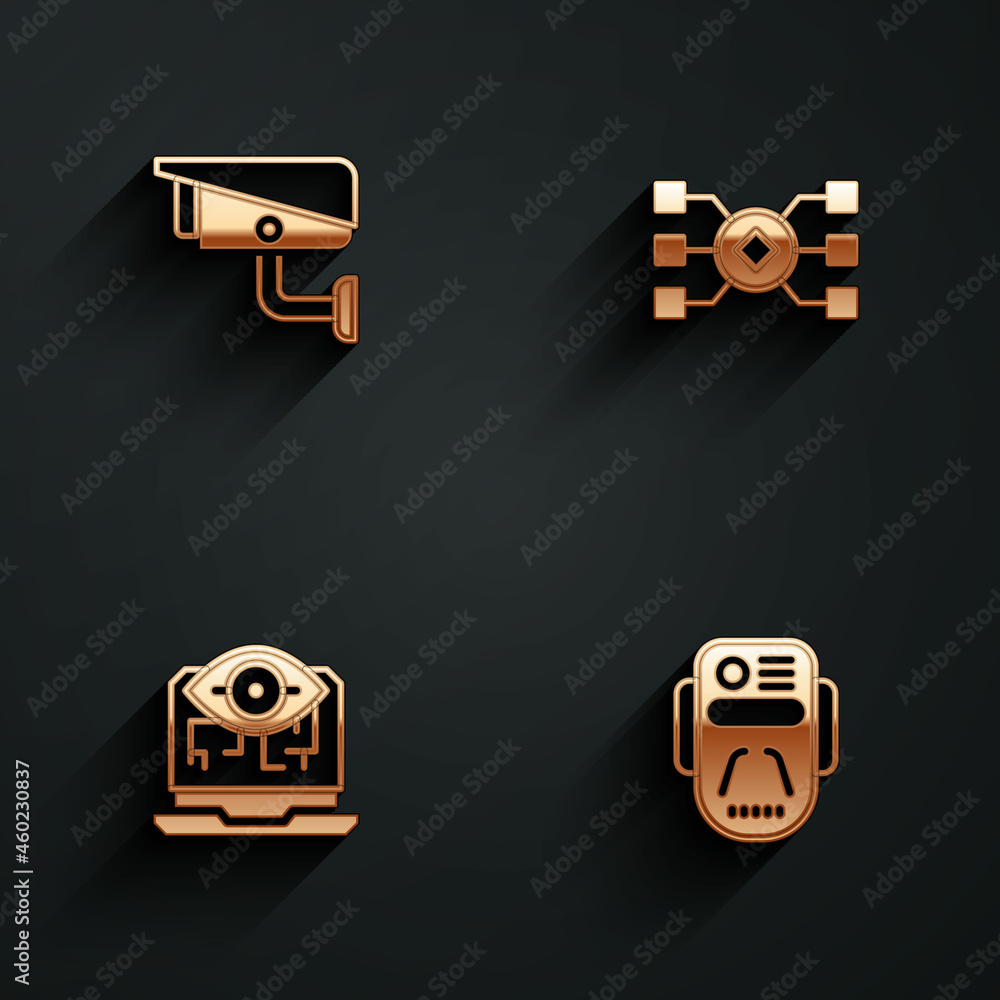 Poster set security camera, neural network, computer vision and artificial intelligence robot icon with lon