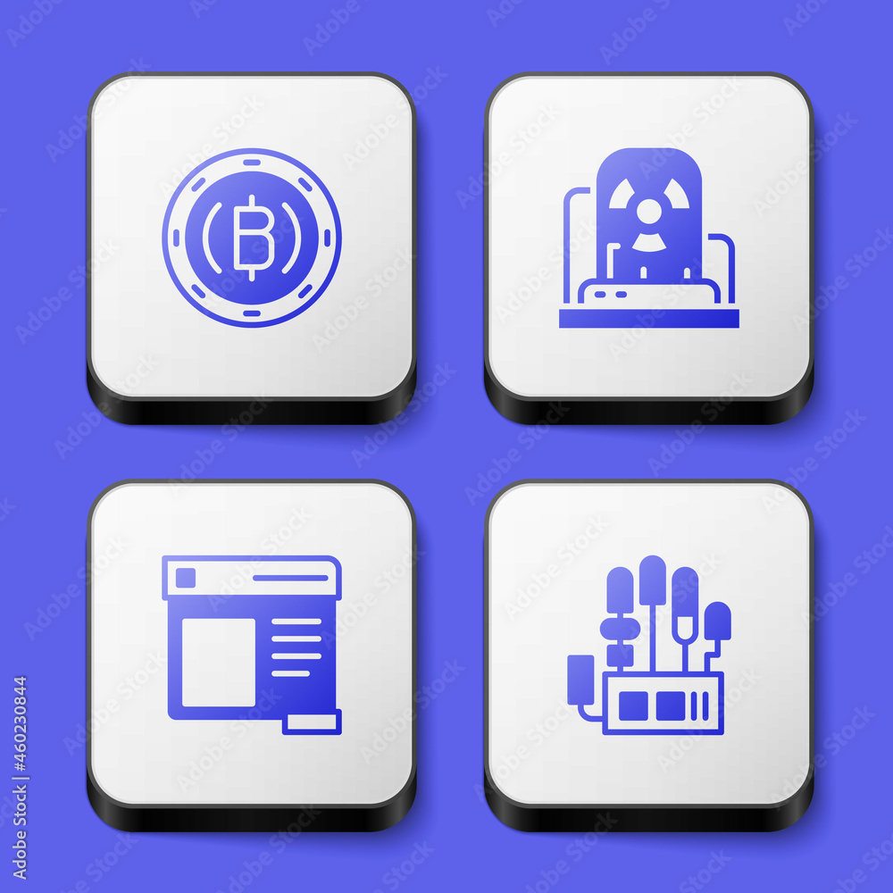 Poster set cryptocurrency coin bitcoin, radioactive warning lamp, browser window and mechanical robot hand 