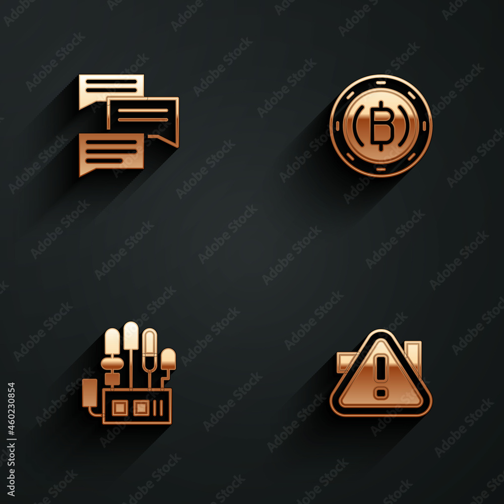Poster set speech bubble chat, cryptocurrency coin bitcoin, mechanical robot hand and exclamation mark tria