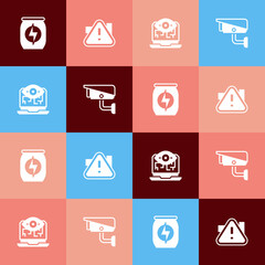 Set pop art Energy drink, Exclamation mark triangle, Computer vision and Security camera icon. Vector