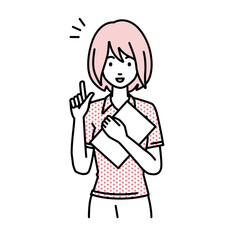 立って書類を手に持って何かひらめいたポロシャツの女性