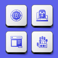 Set Cryptocurrency coin Bitcoin, Radioactive warning lamp, Browser window and Mechanical robot hand icon. White square button. Vector