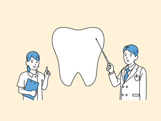 歯医者　歯科衛生士　男女　解説　歯の説明　教える　イラスト素材