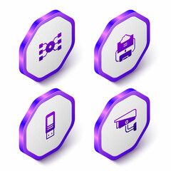 Set Isometric Neural network, Cloud database, USB flash drive and Security camera icon. Purple hexagon button. Vector