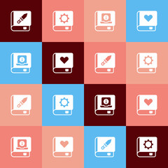 Set pop art Book about weapon, User manual, and Romance book icon. Vector
