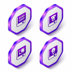 Set Isometric Books about programming, History book, geometry and User manual icon. Purple hexagon button. Vector