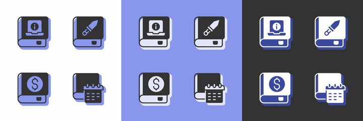 Set Daily paper notepad, User manual, Financial book and Book about weapon icon. Vector