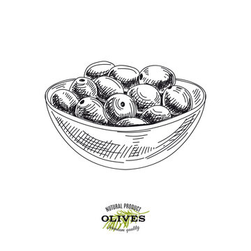 Bowl with beautiful olives, hand drawn retro vector illustration.