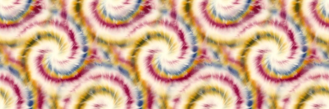 Seamless funky 1970s tie dye border motif pattern for surface design and print. High quality illustration. 70s funky psychedelic abstract hippie swatch. Multicolored spiral tiedye swirl textile design
