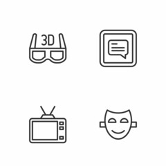 Set line Comedy theatrical mask, Retro tv, 3D cinema glasses and Video with subtitles icon. Vector