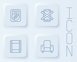 Set line CD disk award in frame, No cell phone, Play video and Cinema chair. White square button. Vector