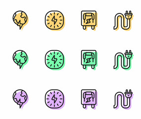 Set line Electrical panel, Global planet with thunderbolt, Lightning and plug icon. Vector