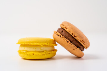 Macaroons on a white background, colorful macaroons french cookies. Macaroons.