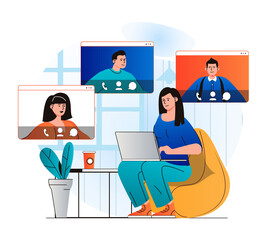 Video chatting concept in modern flat design. Woman communicate by group video call with friends or family at different screens at home. Online communication and virtual meeting. Vector illustration