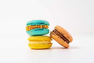 Macaroons on a white background, colorful macaroons french cookies. Macaroons.