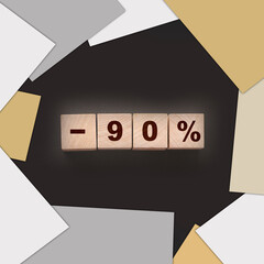 90% on wooden blocks on black background. Sale business concept