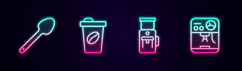 Set line Teaspoon, Coffee cup to go, Electric coffee grinder and machine. Glowing neon icon. Vector