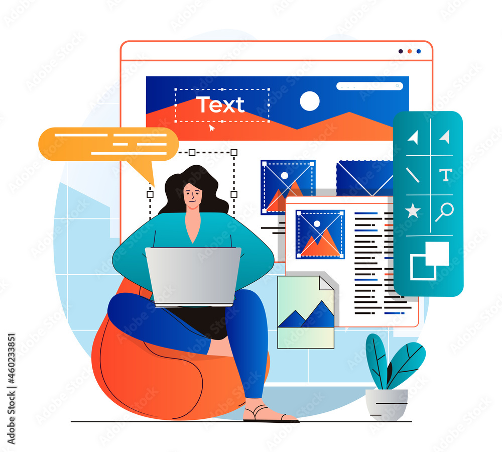 Fototapete web design concept in modern flat design. woman designer create and optimize graphic elements, progr