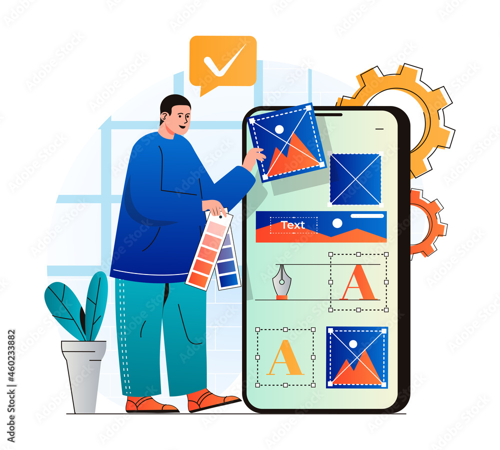 Fototapete Web design concept in modern flat design. Man designer create and optimize graphic elements, choose colours palette. Developer creates interface layout, programming and testing. Vector illustration