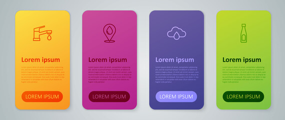 Set line Cloud with rain, Bottle of water, Water tap and drop location. Business infographic template. Vector