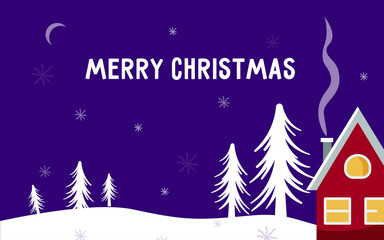 Winter natural background with a rural house, fir trees and the inscription Merry Christmas. Vector illustration