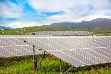 Energy storage system. Photovoltaics solar panels in power station, alternative energy from the sun...