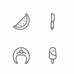 Set line Ice cream, Fish steak, Watermelon and Knife icon. Vector